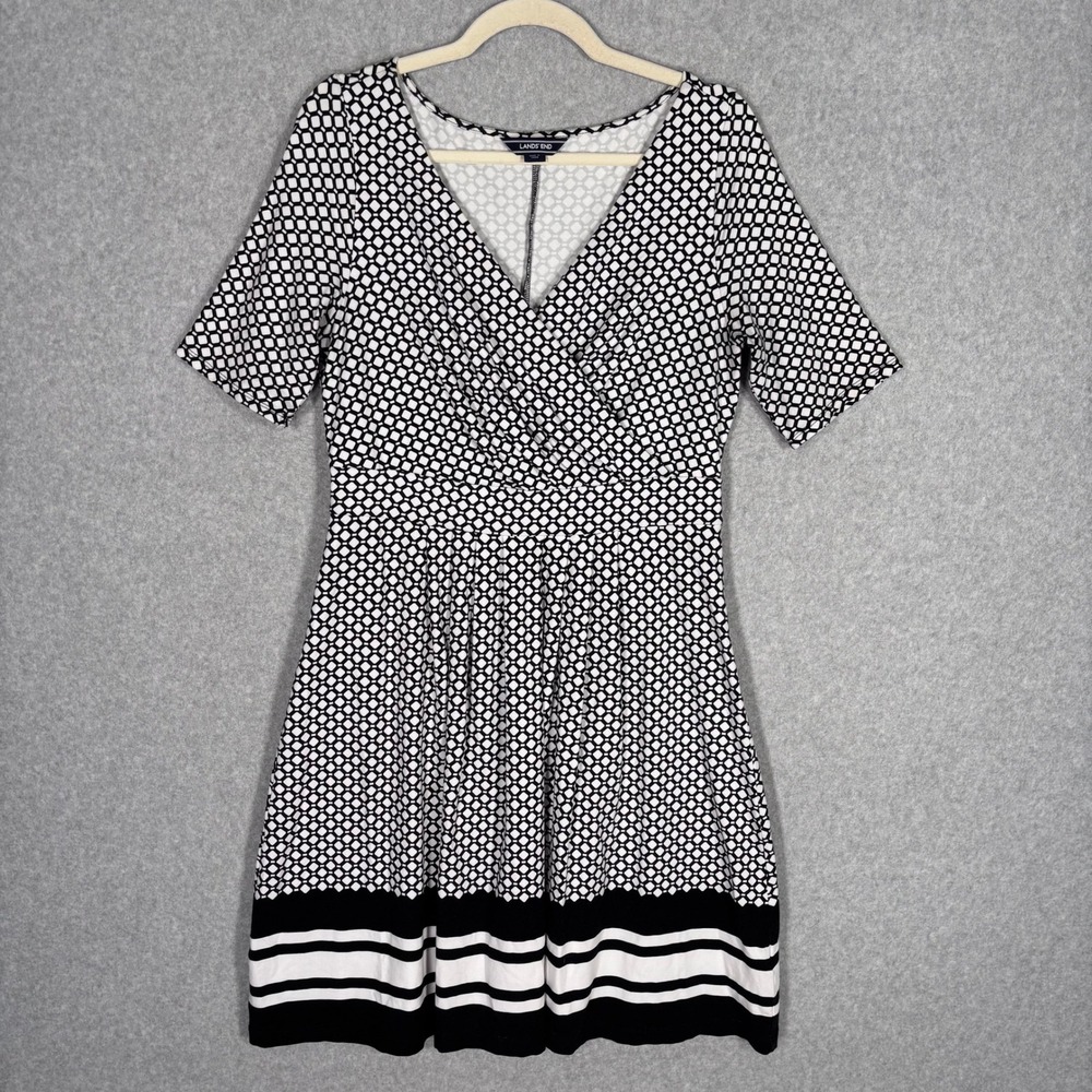 Lands End Pima Cotton Modal Pleated Dress M Black White Medallion Knit Stretch